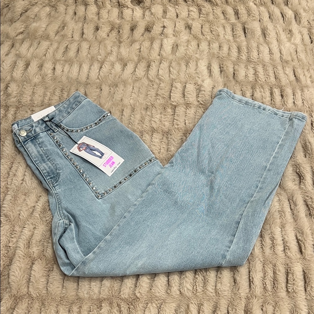 NWT Vanilla Star Light Blue Studded Straight Highwaist Women's Jeans Size Large